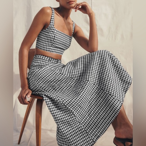 NWT Reformation Cole Two Piece Set Linen Skirt Top April Check Black White 10 - Picture 1 of 9